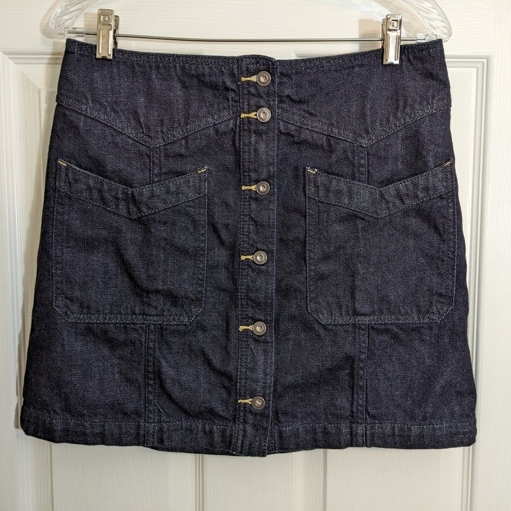 Free People Dark Blue Denim Front Button "Come A Little Closer" Skirt - size 10
